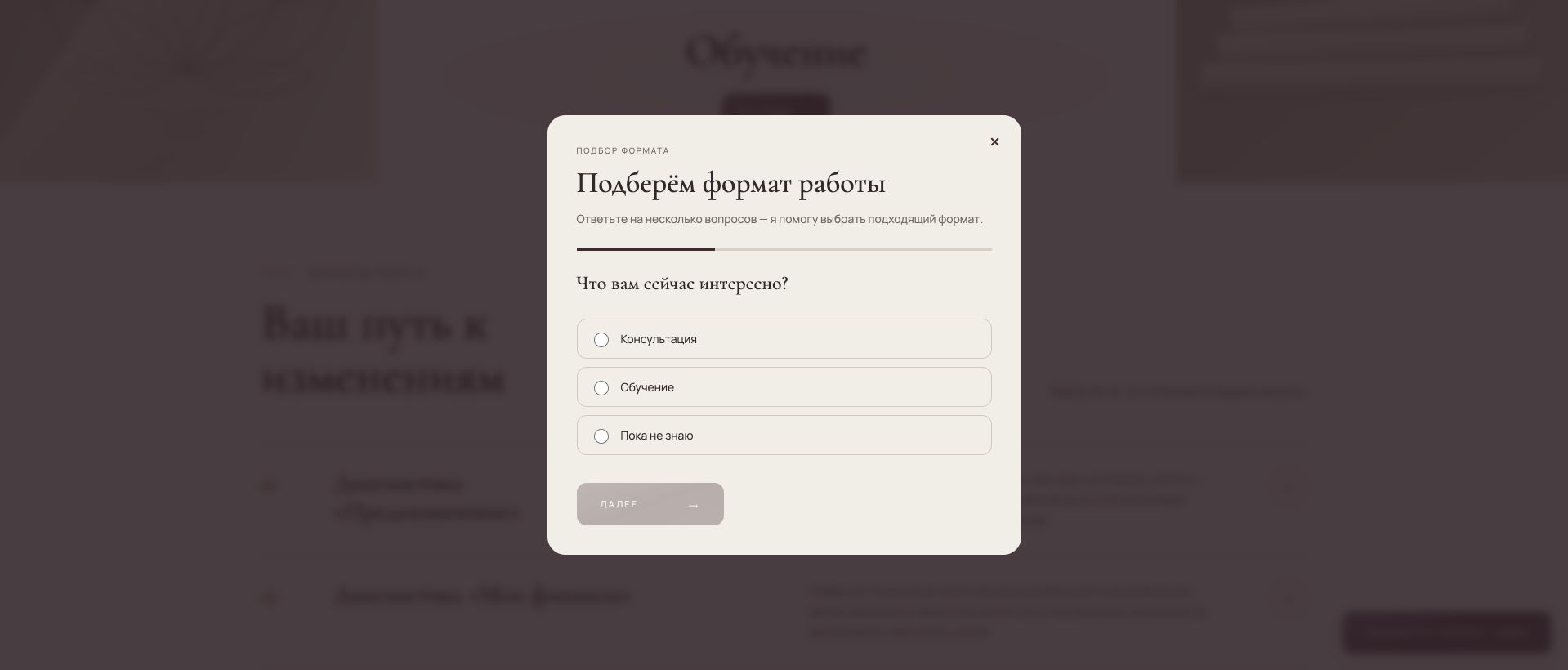 Первый экран квиза подбора формата работы: консультация, обучение или помощь с выбором